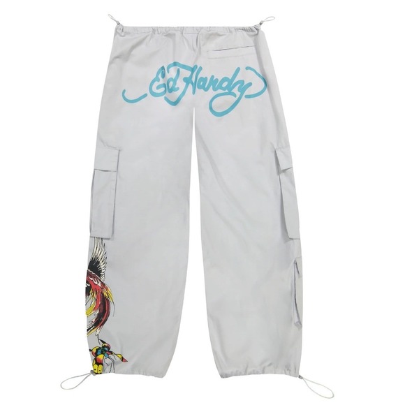 Ed Hardy Butterflies Poplin Cargo Pants Light Grey Medium Y2K Streetwear NWT - Picture 1 of 14